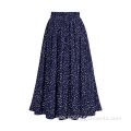 Printed Polka Dot Elastic Polyester Pleated Long Skirt